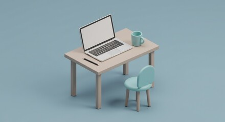 Laptop on Desk with Chair Minimalist Isometric Workspace