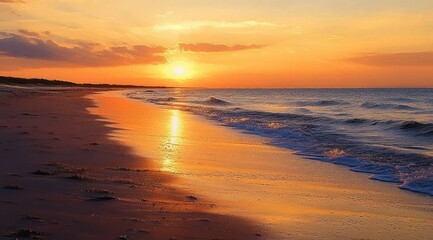 Peaceful sunset over calm ocean waves gently washing onto a sandy beach under a partly cloudy sky