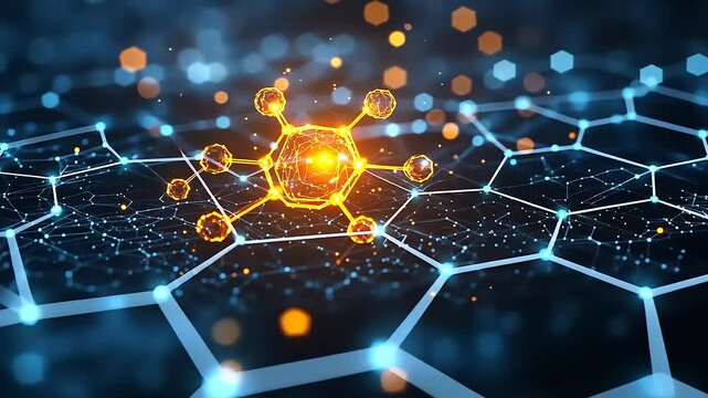 Abstract tech digital honeycomb network with glowing molecular structure animation - Powered by Adobe