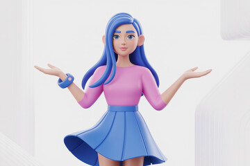 A 3D animated character with long flowing blue hair wearing a pink long-sleeved top and a blue flared skirt.