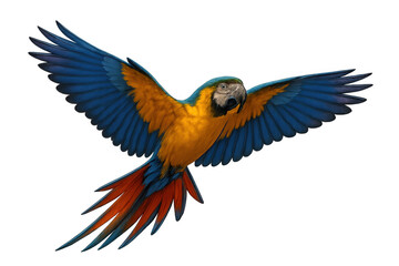 Obraz premium Vibrant macaw spreading colorful wings, soaring against transparent backdrop, ready for seamless graphic design integration