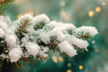 Close-up of evergreen tree branches covered with fresh white snow against a blurred green and yellow bokeh background