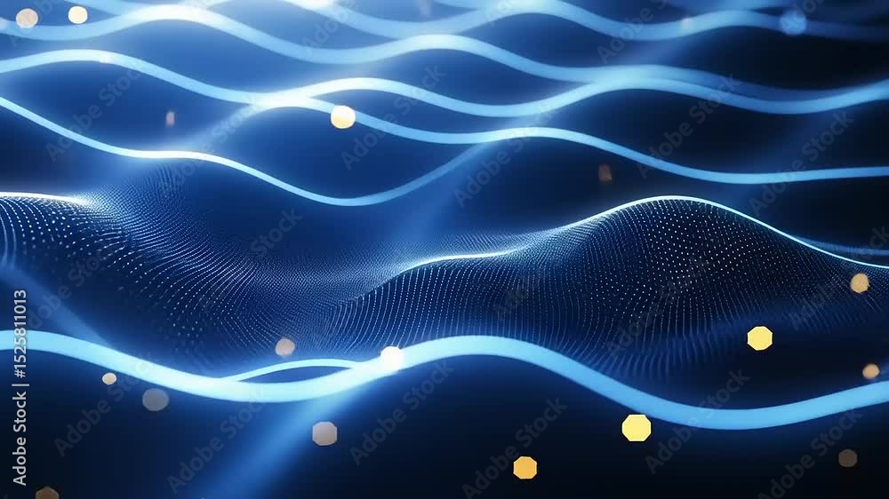 Poster abstract technology background with glowing blue waves and particles animation