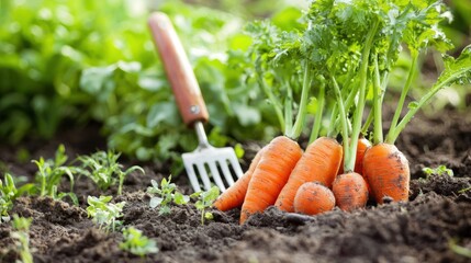 A freshly harvested carrot pile with a garden fork in the background, set against a blurred green and brown garden bed
