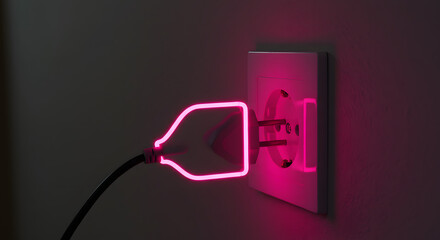 Electric plug with vibrant pink neon light outline. Represents energy, connection, power, or digital technology. Bold, modern, and abstract concept.
