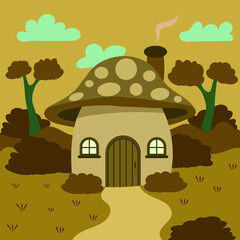 Fairy Forest Mushroom Home. Whimsical cozy Mushroom House nestled in the forest, drawn in a soft flat style. Perfect for lovers of cottagecore, fairytales, and woodland vibes