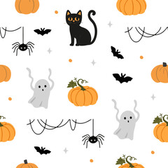 Fototapeta premium Cute spooky Halloween themed vector seamless pattern design with carved pumpkin, bats, black cat, witchy hat, skull illustration in cartoon retro groovy funky style for wrapping paper, background