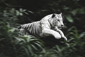 Naklejka premium A black and white photograph of a majestic white Bengal tiger in motion, captured in a dynamic pose against a blurred green foliage background.