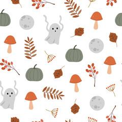 Cute spooky Halloween themed vector seamless pattern design with carved pumpkin, bats, black cat, witchy hat, skull illustration in cartoon retro groovy funky style for wrapping paper, background