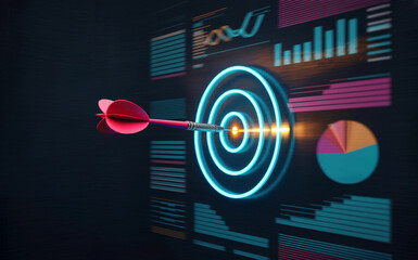 A digital marketing and analytics visualization with a glowing cyan neon target design on a dark background. 