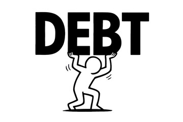 Minimal illustration of person carrying heavy debt text overhead