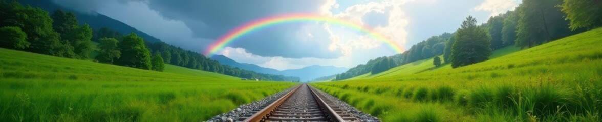 Vibrant rainbows arch over railway tracks nestled in verdant hills , breathtaking, view