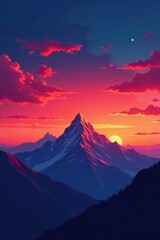 Vibrant hues paint abstract mountain peaks at sunset Silhouettes, fiery sky , background, illustration, color splash
