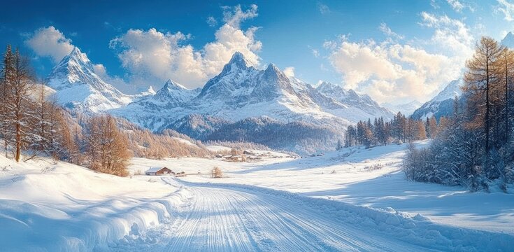 Snow-covered road leading through a winter valley with pine and leafless trees towards tall rugged snow-capped mountains under a bright blue sky with fluffy clouds