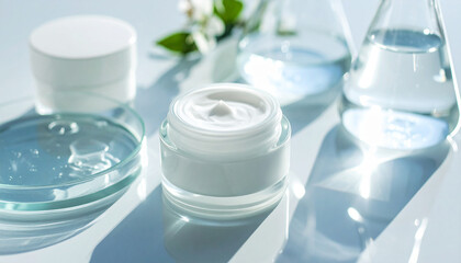Cosmetics and beaker against a soft white background. Concept of new cosmetics product development and research. 