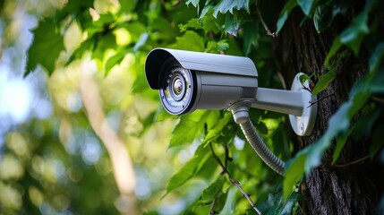 A security camera mounted on a tree with green leaves in the background.