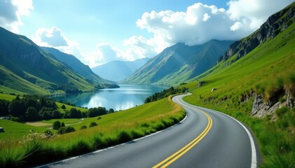 Winding road, green valley, Lake District mountains , countryside, bend