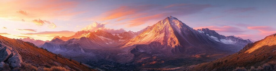 Panoramic view of jagged mountain range bathed in warm golden and pink sunset light with rocky foreground and expansive sky