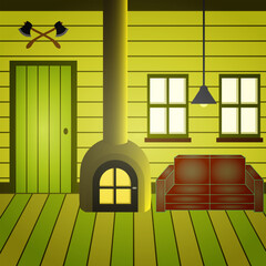 Cartoon hut interior with old living room. Ancient house inside view with wooden furniture, window, door. Rural traditional living room with chimney, sofa