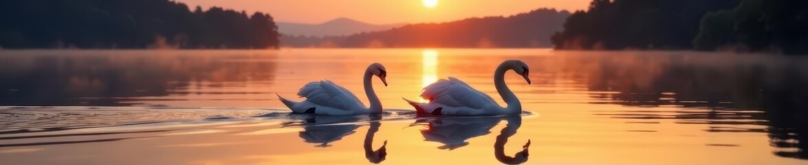 Fototapeta premium Two graceful swans glide across a calm lake at sunset , evening, golden hour
