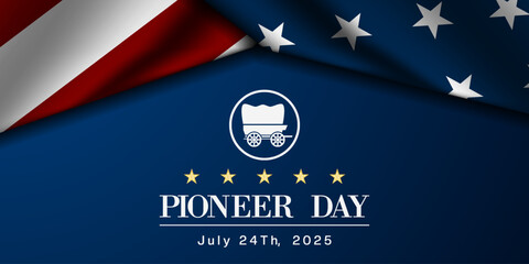 Happy Pioneer Day. American flag and handcart. Great for posters, banners and social media. Blue background.