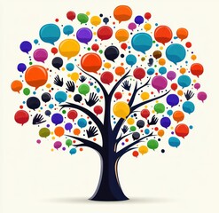 Illustration of a black tree with branches filled with colorful speech bubbles and black handprints conveying communication and diversity