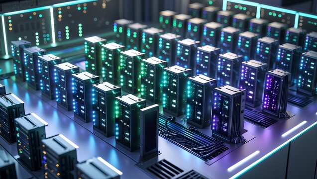 3D isometric server room with glowing LED lights, data center layout, tech infrastructure, clean and symmetrical