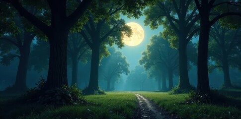 Deep shadows, towering trees, moonlight filtering through leaves, dark, scary