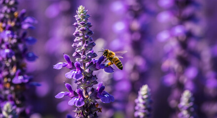 A single flax flower in sharp focus, surrounded by a blurred field of similar blossoms.