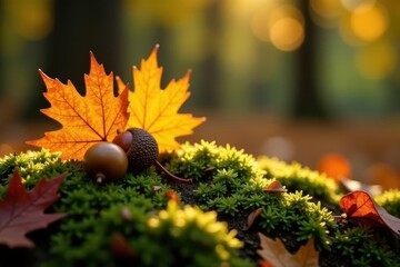 Russet, gold oak leaves & acorns; scattered on moss , seasonal, illustration