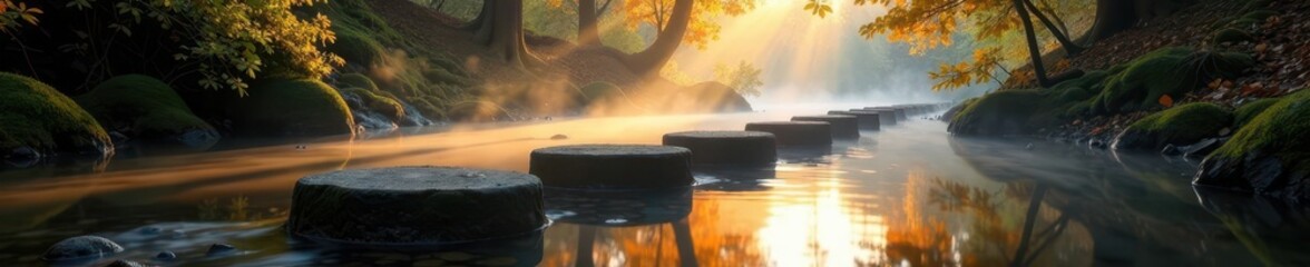 Sunlit mist shrouds stepping stones, mirroring fall foliage in tranquil stream , photography, vibrant