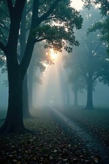 Thick fog shrouds ancient trees, ethereal glow, glow, ethereal