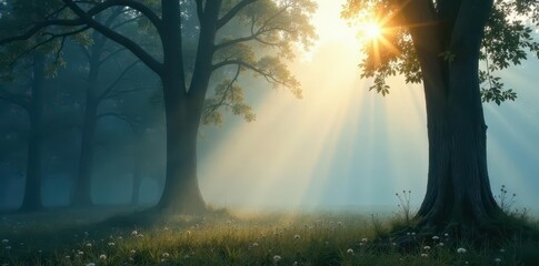 Thick fog swirls around towering trees, creating ethereal scene , ethereal, green