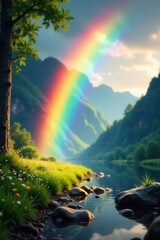 Vibrant arched rainbow streaks across blurred nature scene, art, insta, optical