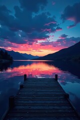 Twilight lake, calm water reflecting sky, night swim dock , water, stars