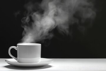 A close-up of a steaming white cup of hot drink.