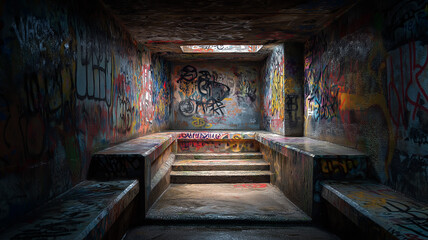 Graffiti-covered bunker interior with layered tags, low ambient light, street rebel theme