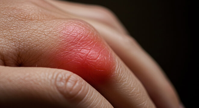 Severe swelling on hand after painful insect sting.