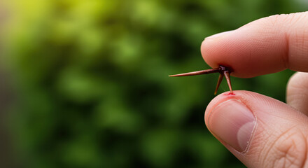 Close-up of painful finger injury caused by sharp thorn. A drop of blood shows