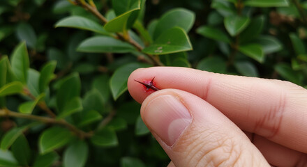 Hand holds sharp thorn after painful finger injury from a bush