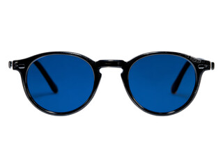 Close up of round sunglasses with blue lenses isolated on white or tansparent background.
