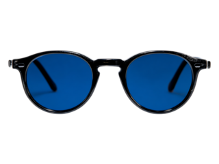 Close up of round sunglasses with blue lenses isolated on white or tansparent background.