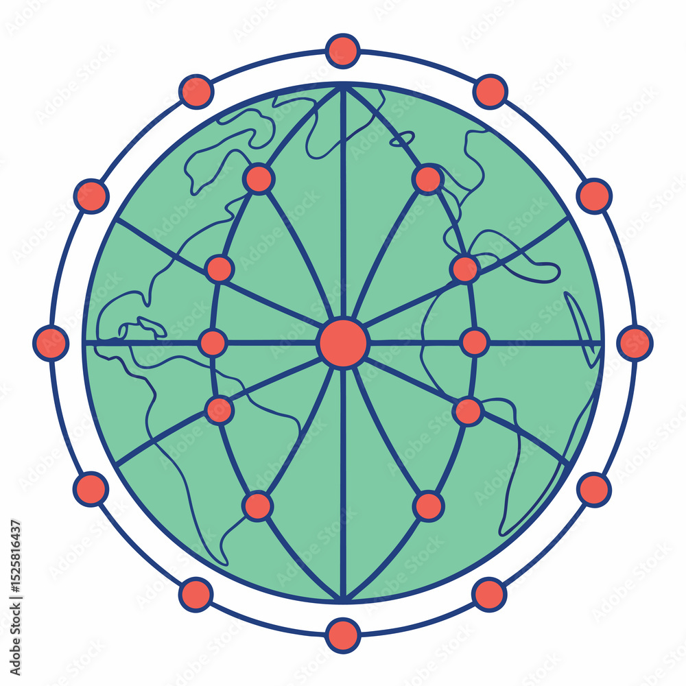 Poster global network connection illustration with world map and interconnected red circles