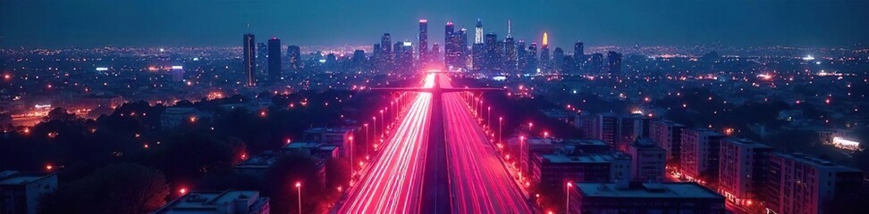 Obraz premium A futuristic cityscape at night, glowing fiber optic cables forming a network representing the digital information superhighway , buildings, modern