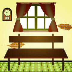 Cozy autumn vintage living room interior with old wood chair, rustic home Cartoon illustration
