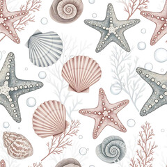 Seamless Watercolor Underwater Pattern with Starfish, Seashells, and Coral - Ocean Life Background