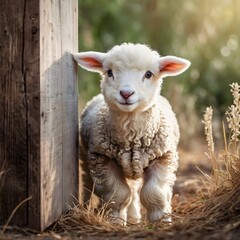 Obraz premium Adorable Lamb Peeking Around the Corner – Whimsical Art for Kids' Rooms, generated ai.