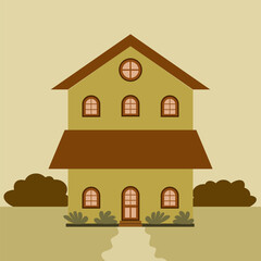 Cute cozy village two-storey house with garden. Design Concept Home Village.Autumn village house landscape. Cozy countryside, fields, meadows, hay,  clouds,  village building nature concept