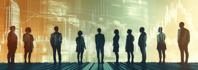 Photography group of silhouette businesspeople standing looking market trade graph background.