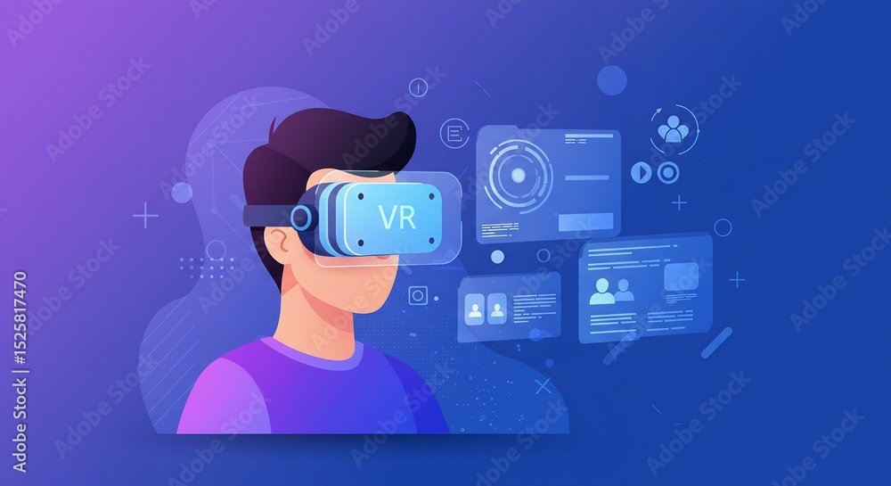 Poster man using virtual reality headset with digital interface
